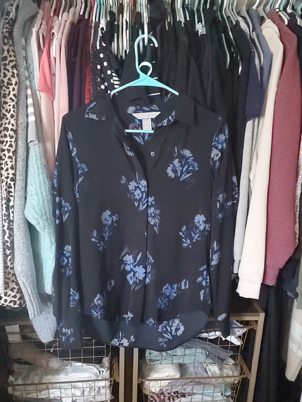 H&M Black Shirt with Blue Floral Accents